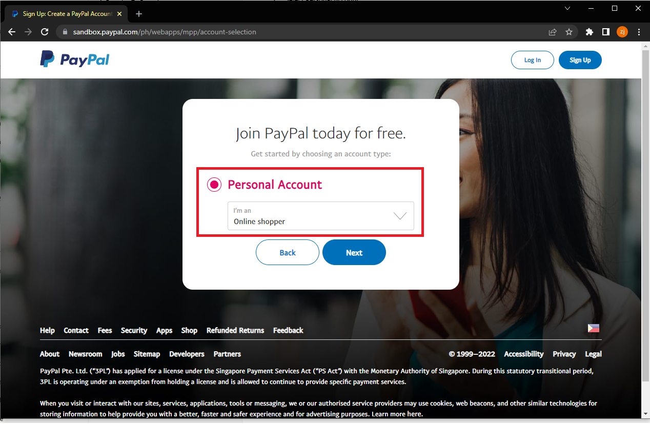 Paypal account selection page